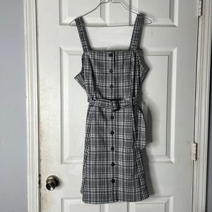 So plaid plad checkered gothic black midi button front summer belt dress sz L